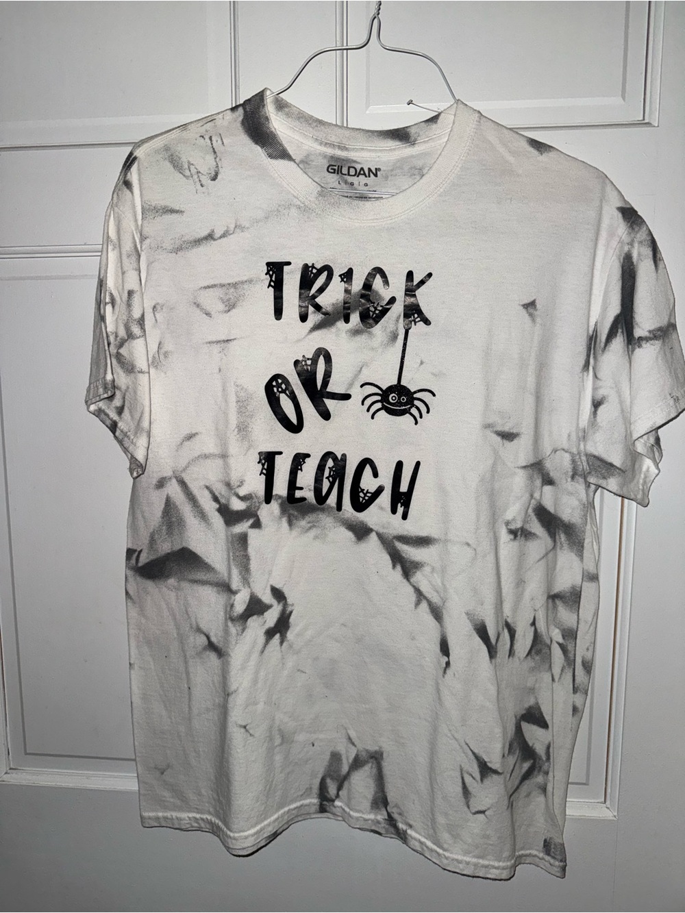 Gildan White and Black Tie-Dye "Trick or Teach" Short Sleeve Tee